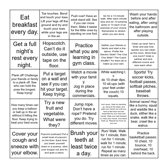 Run WIld! Health and Fitness  Bingo Sheet _____ Bingo Card