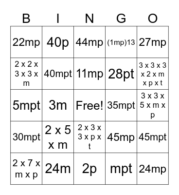 Equivalent Expressions Bingo Card