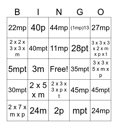 Equivalent Expressions Bingo Card