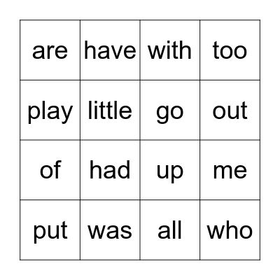 Sight Word Bingo Card