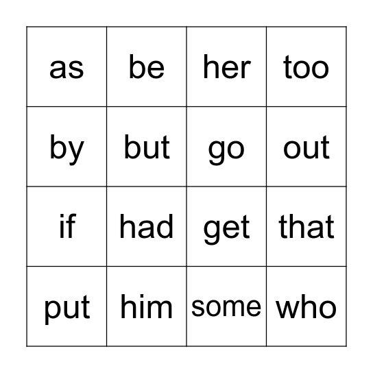 Sight Word Bingo Card