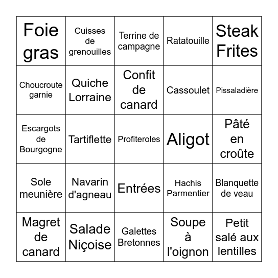 La gastronomie française Bingo Card