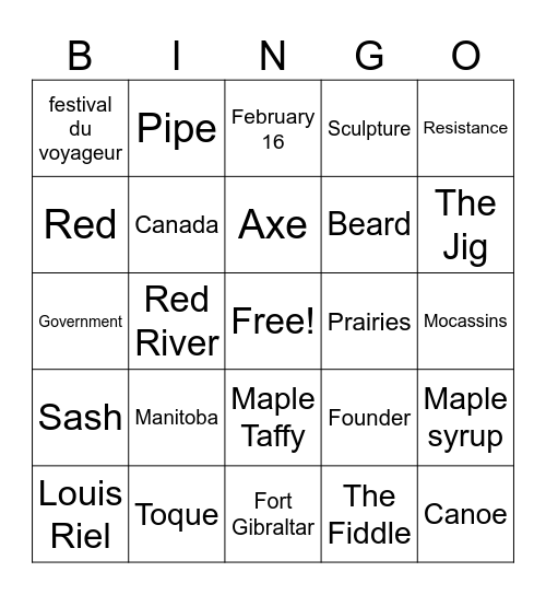 Louis Riel Day/festival du voyageur Bingo Card