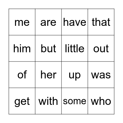 Sight Word Bingo Card