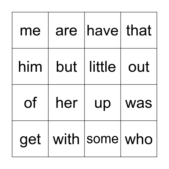 Sight Word Bingo Card