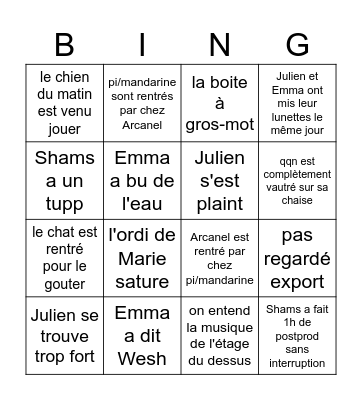 Bingo de la semaine du 26.01 Bingo Card