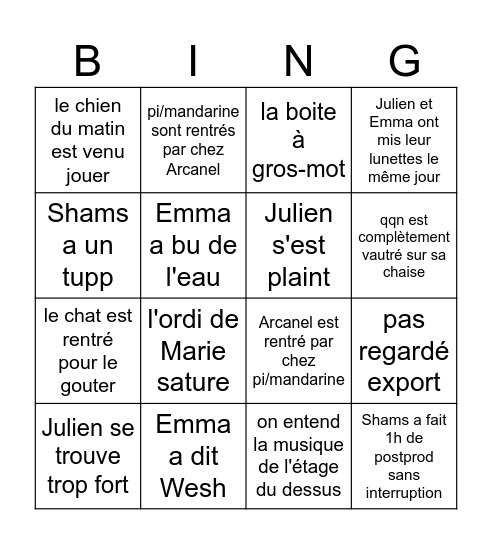 Bingo de la semaine du 26.01 Bingo Card