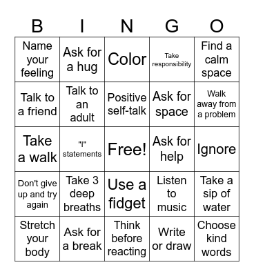 Self-Regulation Bingo Card