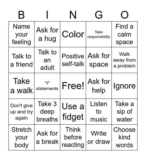 Self-Regulation Bingo Card