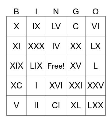 Roman numerals Bingo Card