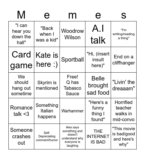 4th Period Shenanigans Bingo Card