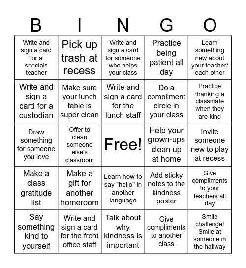 Kindness Challenge Bingo Card