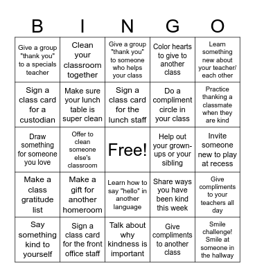 Spotswood Kindness Challenge Bingo Card