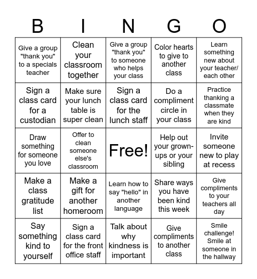 Spotswood Kindness Challenge Bingo Card