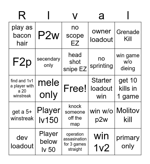 Rivals Bingo Card
