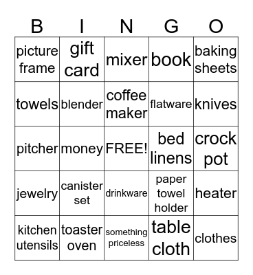 Bridal Shower Gift Bingo Card