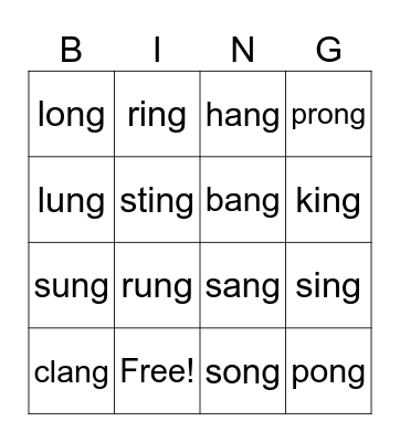 -ing Bingo Card