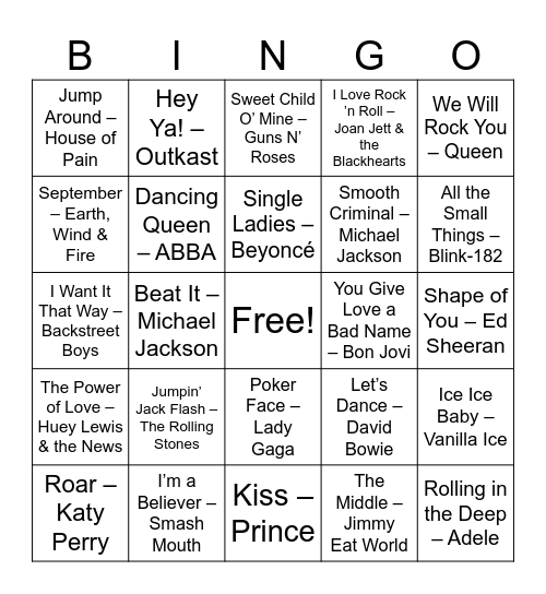 Songs You Know in the first 5 Seconds Bingo Card