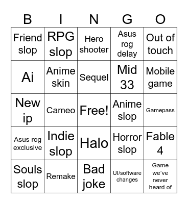 Xbox showcase Bingo Card