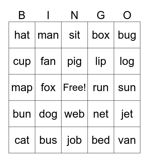 CVC Word Bingo Card
