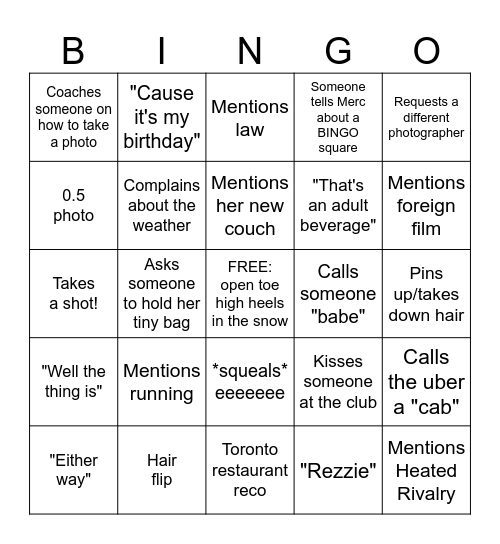 Merc's 30th Birthday Bingo Card