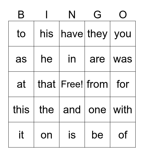 K Sight Word Bingo Card