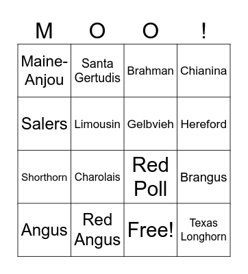 Cattle Breed BINGO Card