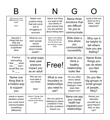 Relationship Bingo Card