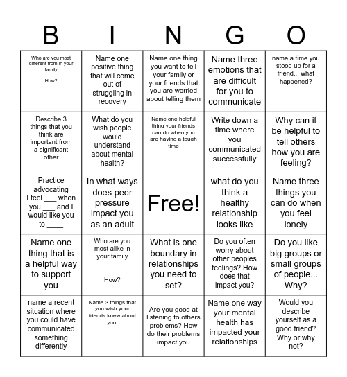 Relationship Bingo Card