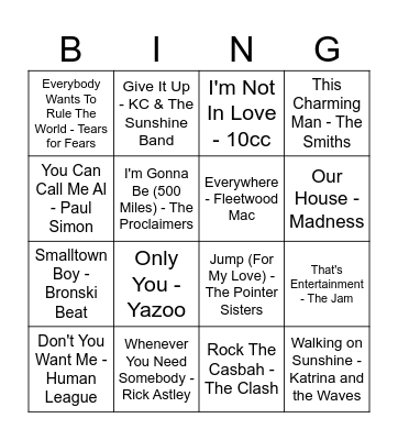 80's Songs Bingo Card