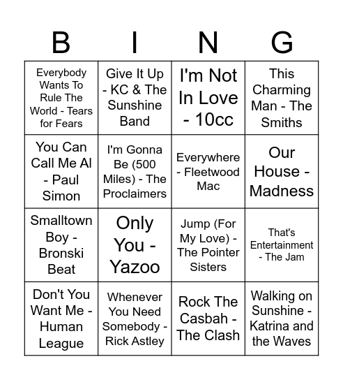 80's Songs Bingo Card