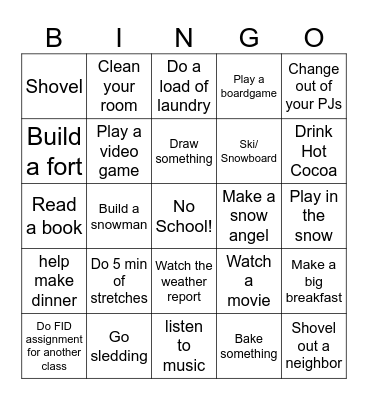 FID / Snow Day Bingo Card