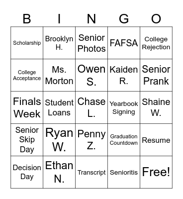 End of Semester Bingo Card