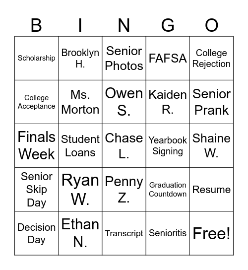 End of Semester Bingo Card