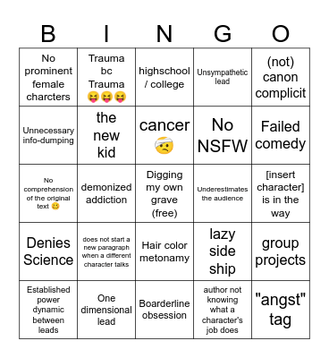 Amateur Fanfiction Bingo Card