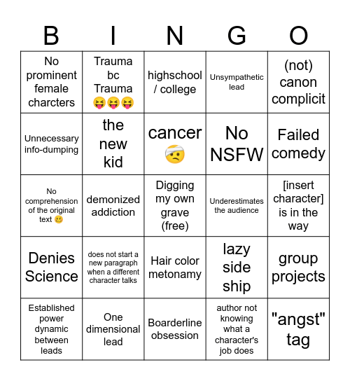 Amateur Fanfiction Bingo Card