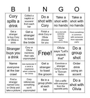 Bachelor/ette Bar Crawl Bingo Card