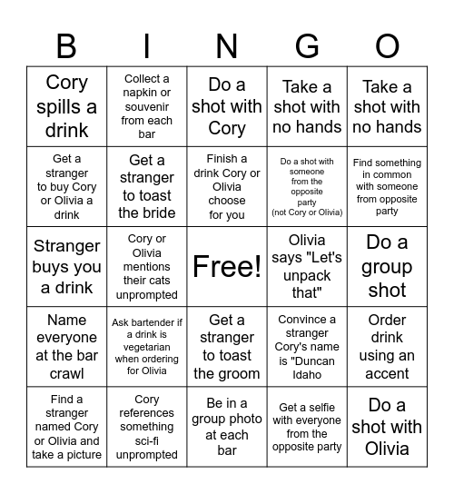Bachelor/ette Bar Crawl Bingo Card