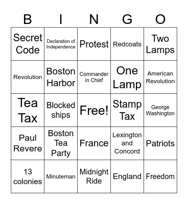 American Revolution Bingo Card