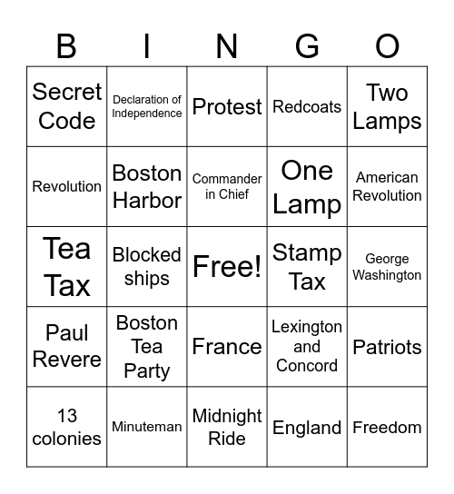 American Revolution Bingo Card