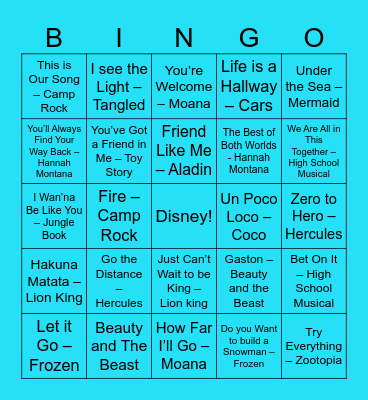 Disney Movies Songs Bingo Card