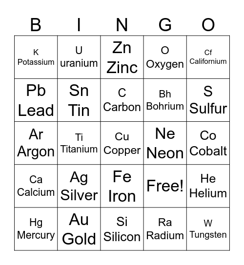 Element Bingo Card