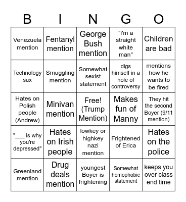 Boyer Bingo Card
