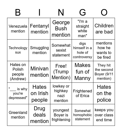 Boyer Bingo Card