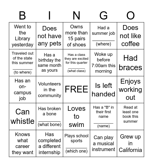 Icebreaker Bingo Card