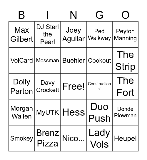 UTK Bingo Card