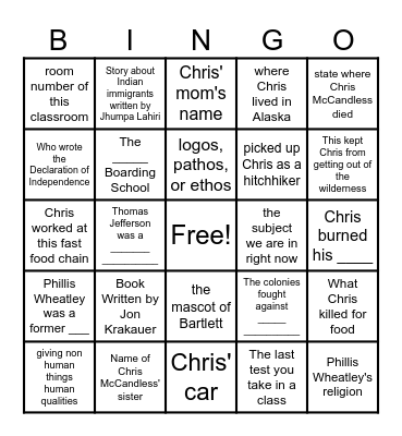 English 3 Bingo Card