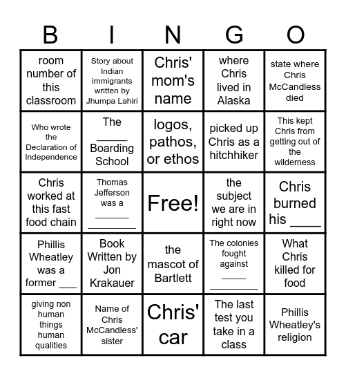 English 3 Bingo Card