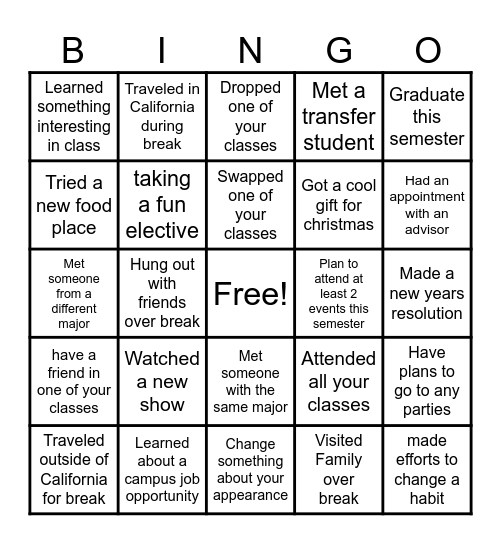 Welcome back bingo Card