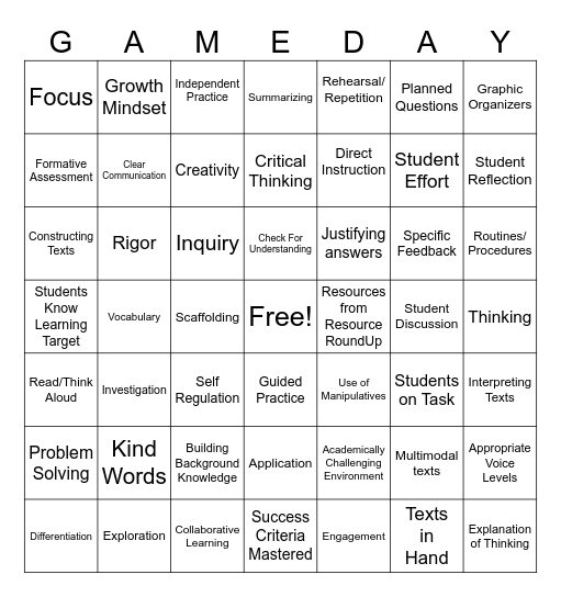 Game Day Bingo Card